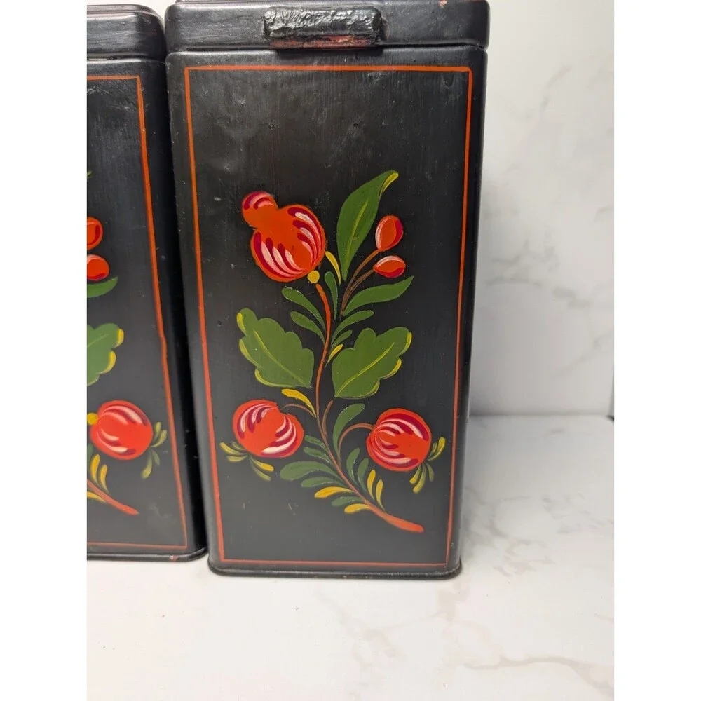 Vintage Ransburg Hand Painted Hinged Lid Metal Canister Set 4 Pc Black Floral